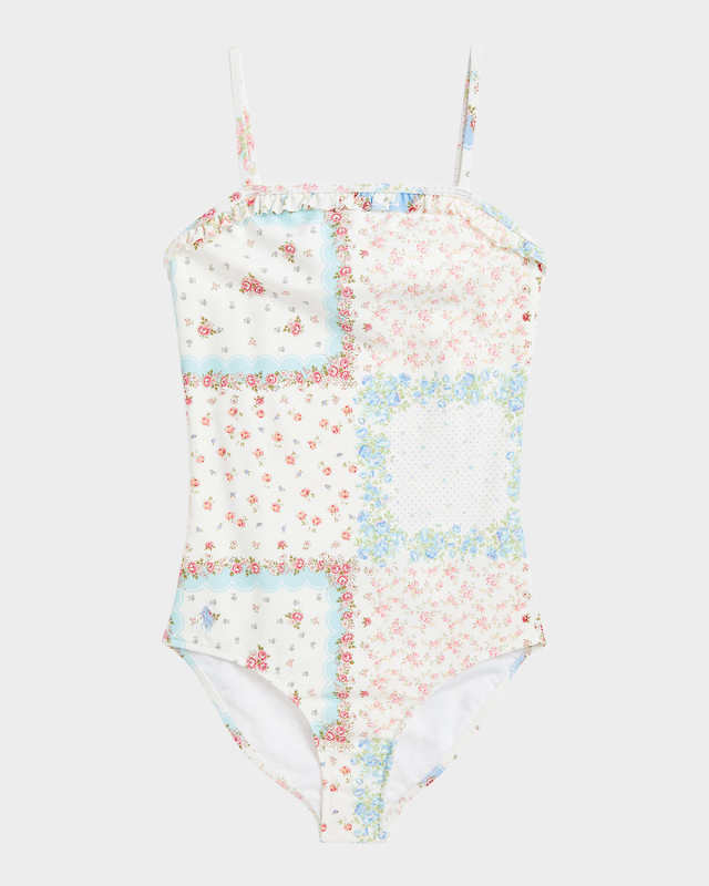 Girl's Floral-Print Patchwork Swimsuit, Size 7-14